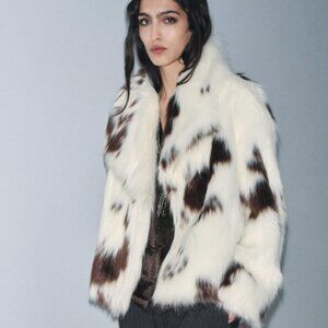 ZARA ZW COLLECTION FAUX FUR JACKET LIMITED EDITION ANIMAL COW PRINT SIZE S NWT